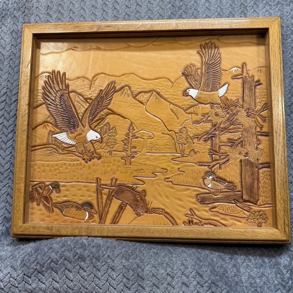 Vintage Hand Tooled Leather Wildlife Wall Art Eagle‎ Duck Mountain Scene Framed